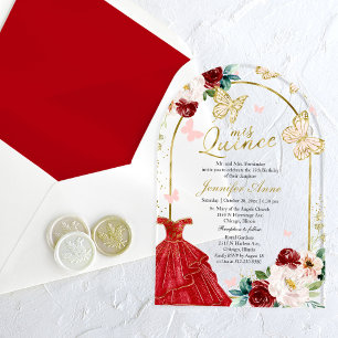 Red Gold Floral Butterfly Quinceañera  Acrylic Invitations