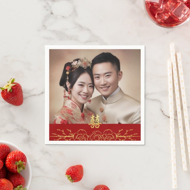Red gold floral Chinese wedding photo double xi Napkin (Insitu)