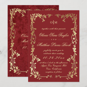 Red Gold Floral Elegant Royal Faux Velvet Wedding Invitation