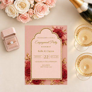 Red & Gold Floral Engagement Party Invitation
