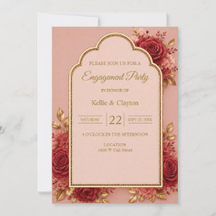 Red & Gold Floral Engagement Party Invitation
