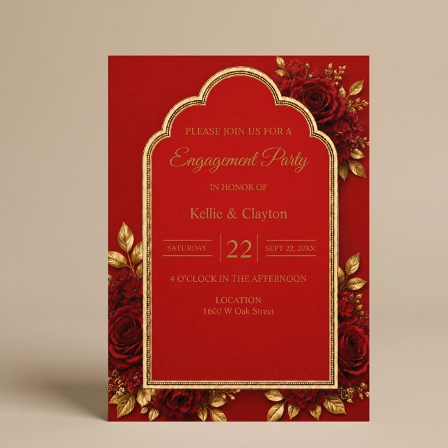 Red & Gold Floral Engagment Party Invitation (Creator Uploaded)