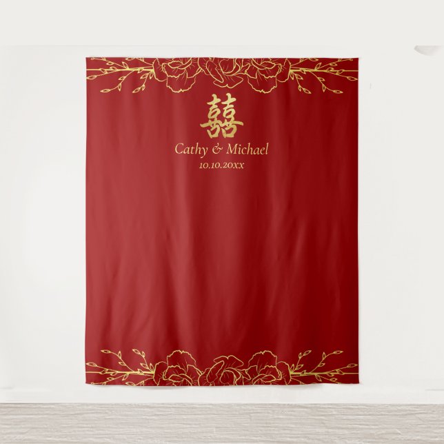 Red gold floral frame chinese wedding tea ceremony tapestry (Front)