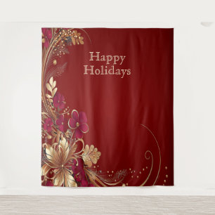 Red Gold Floral Holiday Backdrop Tapestry