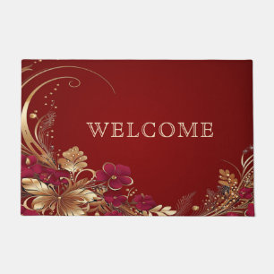 Red Gold Floral Holiday Doormat