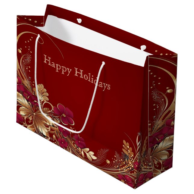 Red Gold Floral Holiday Gift Bag (Front Angled)