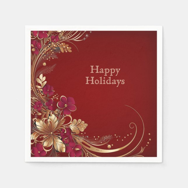 Red Gold Floral Holiday Napkin (Front)