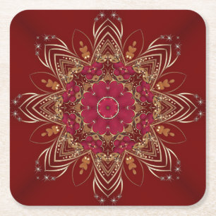 Red Gold Floral Holiday Paper Coaster