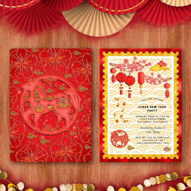 Red Gold Floral Horse 2026 Chinese New Year Party Invitation (Creator Uploaded)