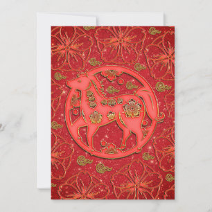 Red Gold Floral Horse 2026 Chinese New Year Zodiac Holiday Card