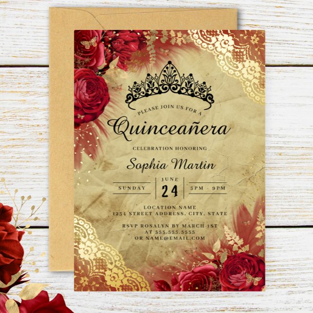 Red Gold Floral Lace Quinceanera  (Creator Uploaded)
