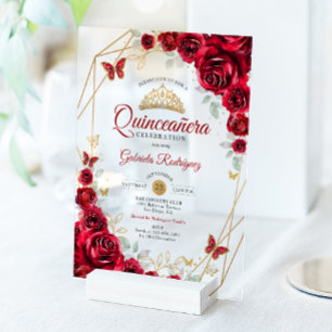 Red Gold Floral Quinceanera Acrylic Invitations