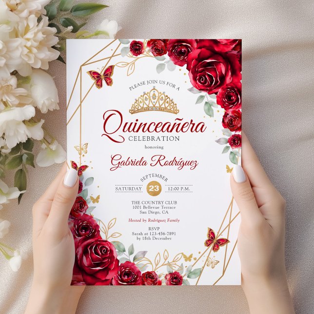 Red Gold Floral Quinceanera Invitation (Creator Uploaded)
