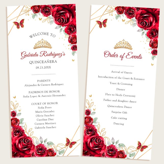 Red Gold Floral Quinceanera Order of Events Programme (Creator Uploaded)