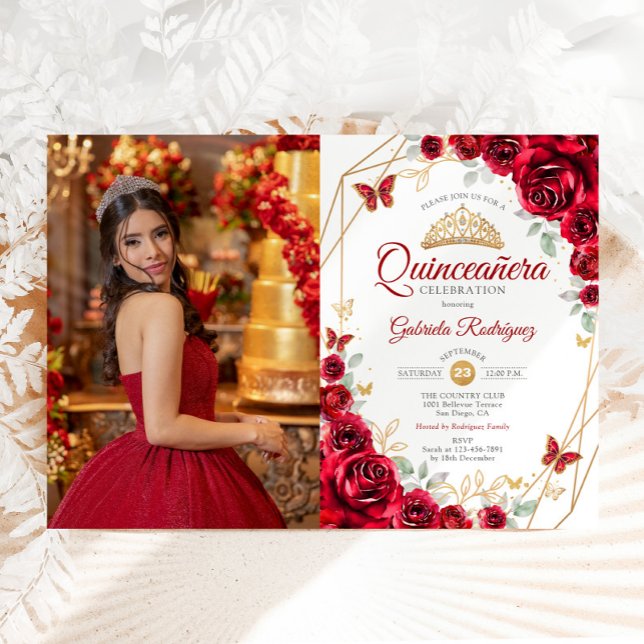 Red Gold Floral Quinceanera Photo Invitation (Creator Uploaded)