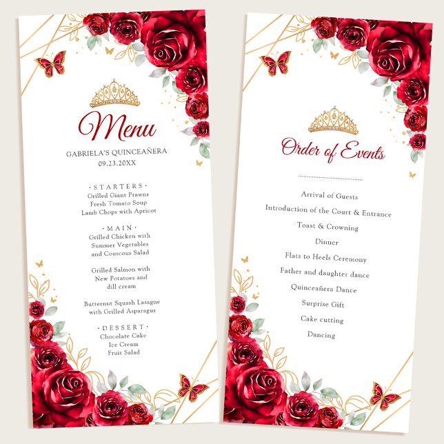 Red Gold Floral Quinceanera Program Menu (Creator Uploaded)