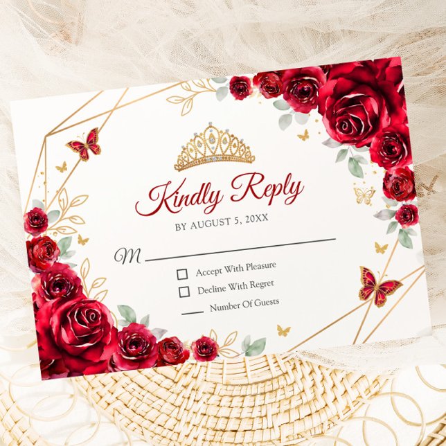 Red Gold Floral Quinceanera Reply RSVP Card (Creator Uploaded)