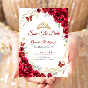 Red Gold Floral Quinceanera Save The Date
