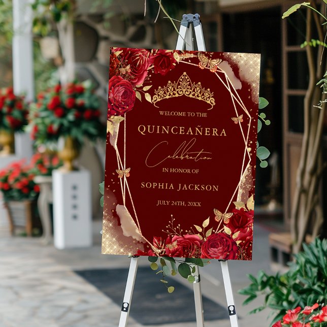 Red Gold Floral Rose Quinceanera Sign Welcome (Creator Uploaded)