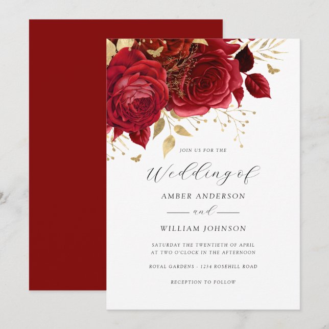 Red Gold Floral Rose Wedding   Invitation (Front/Back)