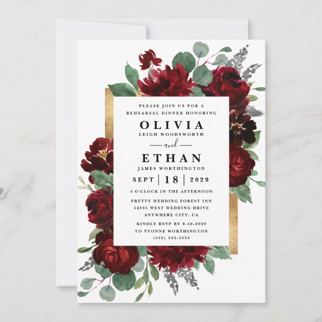 Red Gold Floral Rustic Wedding Rehearsal Dinner Invitation (Front)