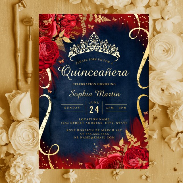 Red Gold Floral Scroll Navy Quinceanera  (Creator Uploaded)