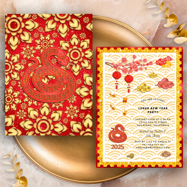 Red Gold Floral Snake 2025 Chinese New Year Party Invitation (Creator Uploaded)