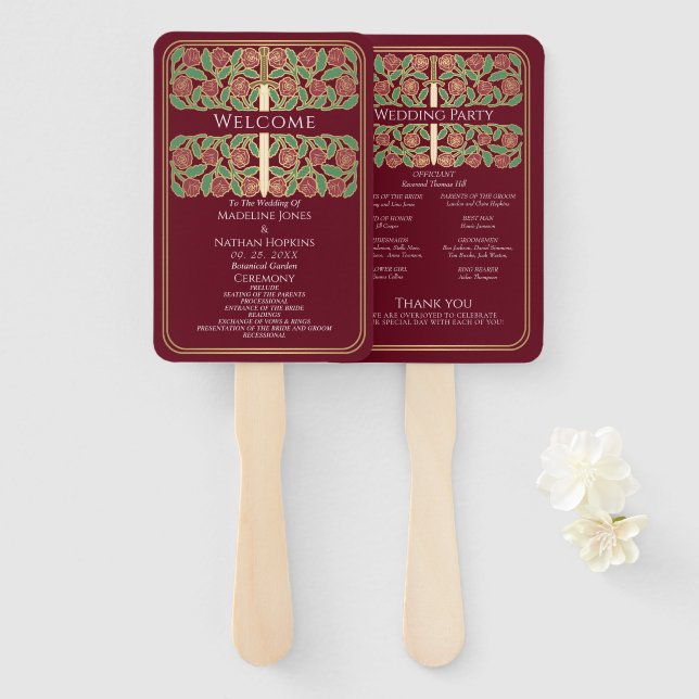 Red Gold Floral Sword Royal Wedding Program Hand Fan (Front and Back)