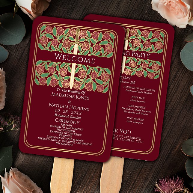 Red Gold Floral Sword Royal Wedding Program Hand Fan (Creator Uploaded)