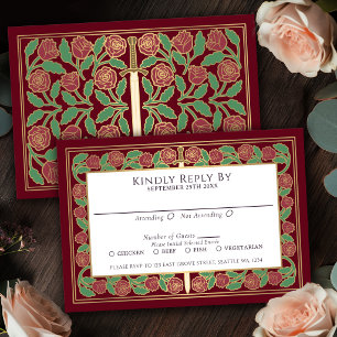 Red Gold Floral Sword Royal Wedding RSVP Card