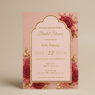 Red & Gold Floral Wedding Bridal Shower Invitation