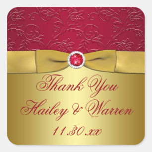 Red, Gold Floral Wedding Favour Thank You Sticker