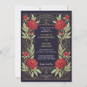 Red Gold Floral Wedding Invitation Art Nouveau