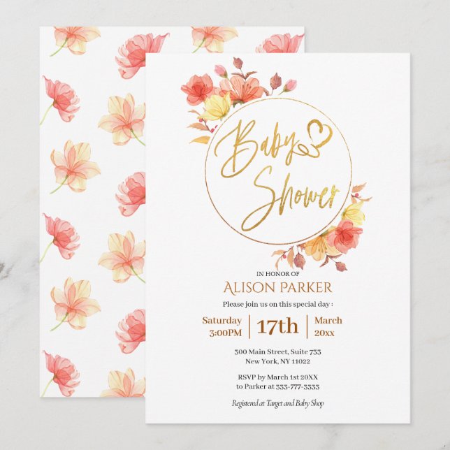 Red Gold Floral Wreath Watercolor Baby Shower Invitation (Front/Back)