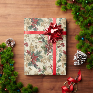 Red & Gold Flower Christmas Pattern Wrapping Paper