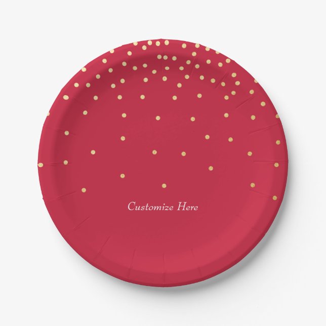 Red & Gold Foil Confetti Dots Holiday Party Plates (Front)
