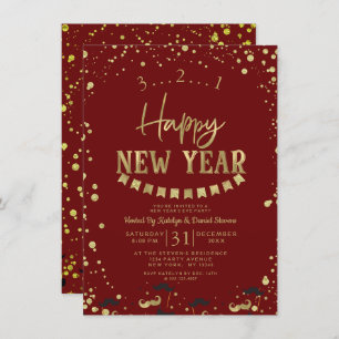 Red & Gold Foil Confetti New Year's Eve Party Invitation