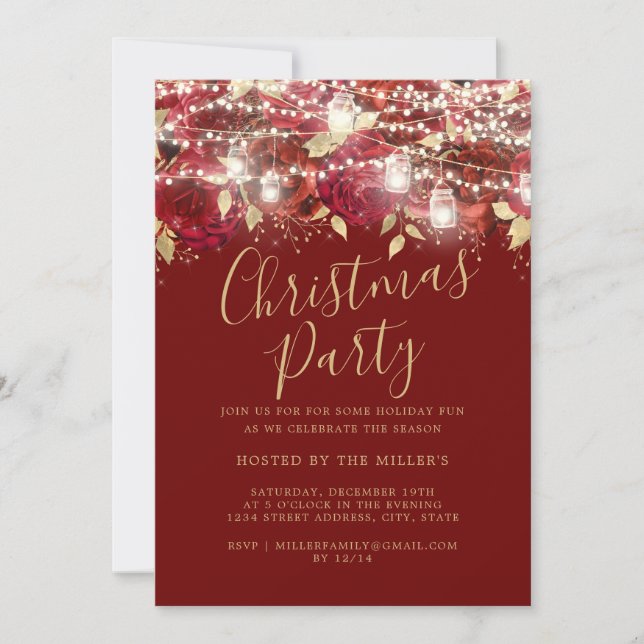 Red Gold Foliage Lights Christmas Party   Invitation (Front)