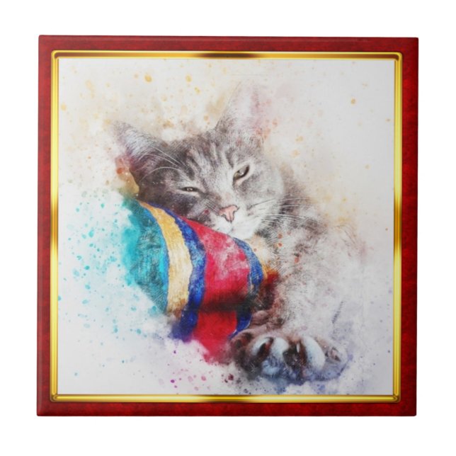 Red & Gold Framed Abstract Cat Print Tile (Front)