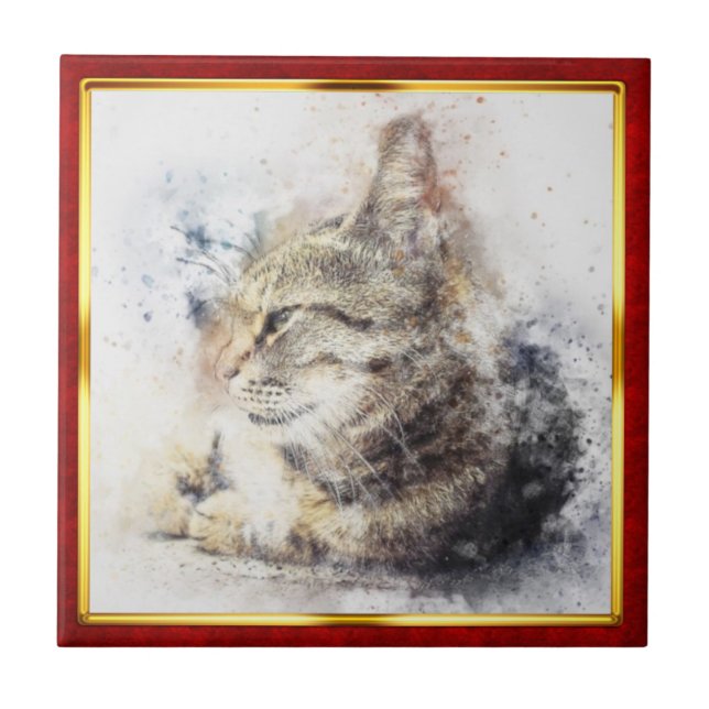 Red & Gold Framed Abstract Cat Print Tile (Front)