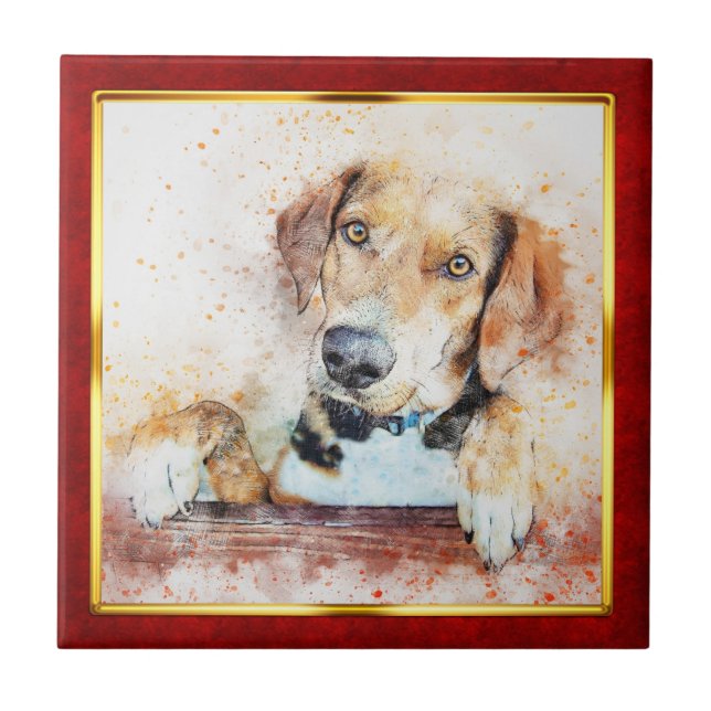 Red & Gold Framed Abstract Dog Print Tile (Front)