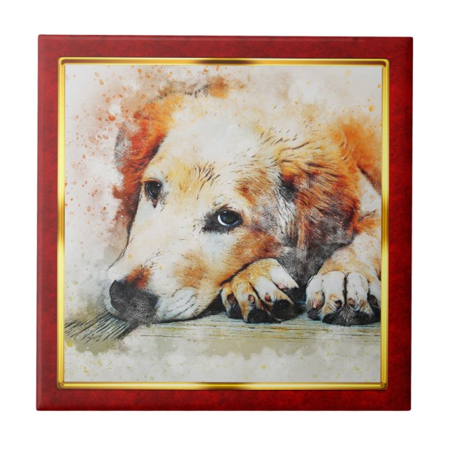 Red & Gold Framed Abstract Dog Print Tile (Front)