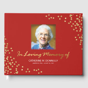 Red Gold Funeral Condolence Photo Memorial Guest Book
