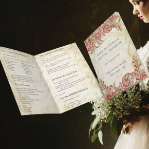 Red Gold Gatsby Paisley Peacock Wedding Program