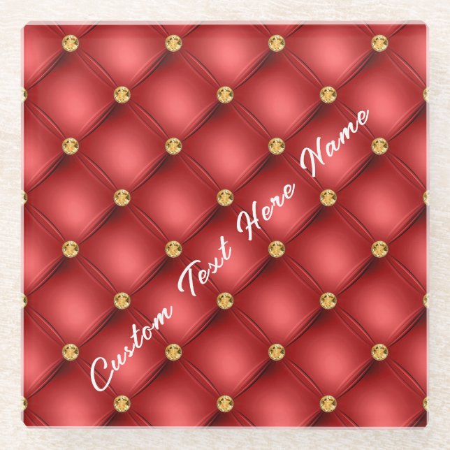 Red Gold Gemstone Glass Coaster with Custom Text (Front)