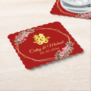 Red gold geometric floral wreath Chinese wedding Paper Coaster