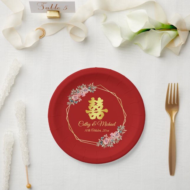 Red gold geometric floral wreath Chinese wedding Paper Plate (Wedding)