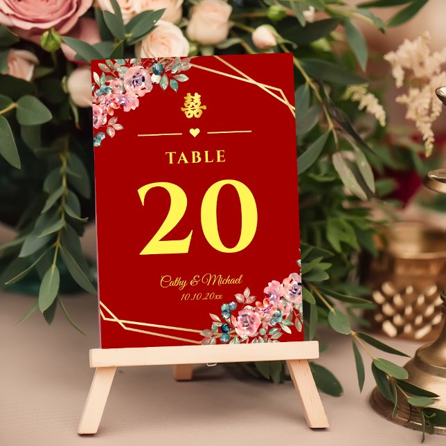 Red gold geometric floral wreath Chinese wedding Table Number (Creator Uploaded)