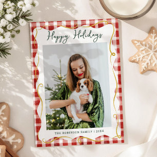 Red & Gold Gingham Pattern Happy Holidays 1 Photo Holiday Card