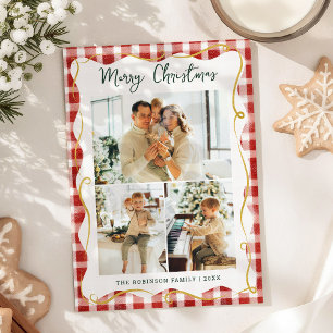 Red & Gold Gingham Pattern Merry Christmas 3 Photo Holiday Card